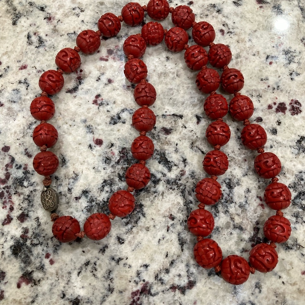 Vintage carved cinnabar necklace
